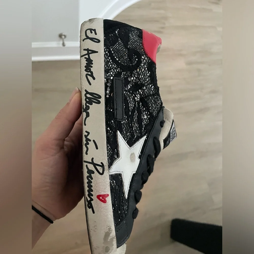 Golden Goose Black Lace Star Sneakers with Red Heal